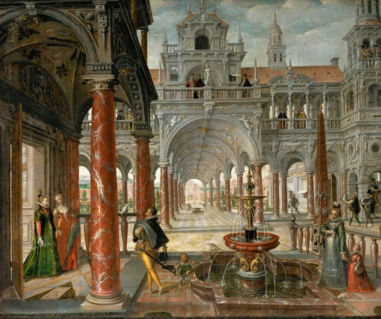 Palác s váženými návštěvníky - Palác s váženými návštěvníky - Hans Vredeman de Vries (Jan de Vriese nebo Friedman z Fríska) (1526-1606). Olej na plátně, c. 1596. Rozměr: 137x164 cm. Uměleckohistorické muzeum, Vídeň od Hans Vredeman de Vries