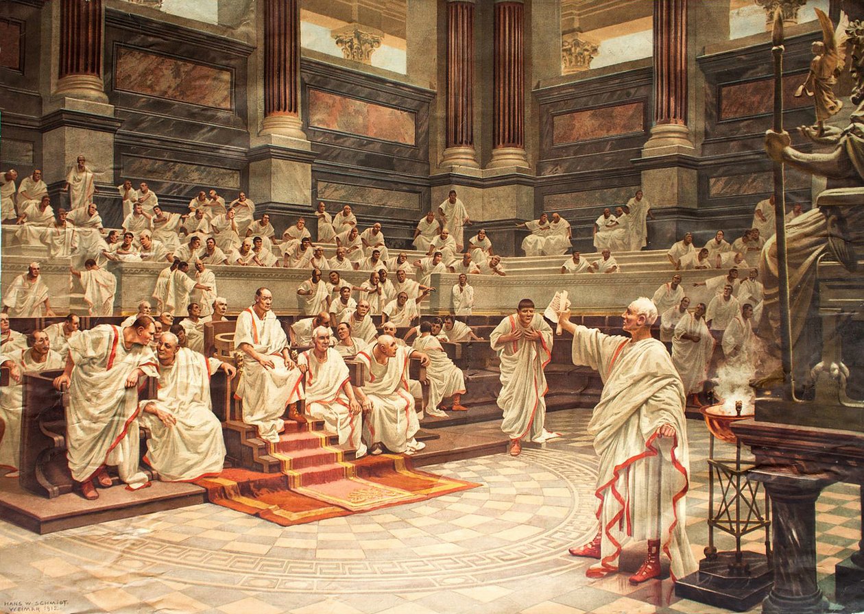 Cicero v Senátu obvinil Catilina (108-62 př.n.l.) z čarování, 21. října 63 př.n.l. - chromolitografie od Hans W. Schmidt