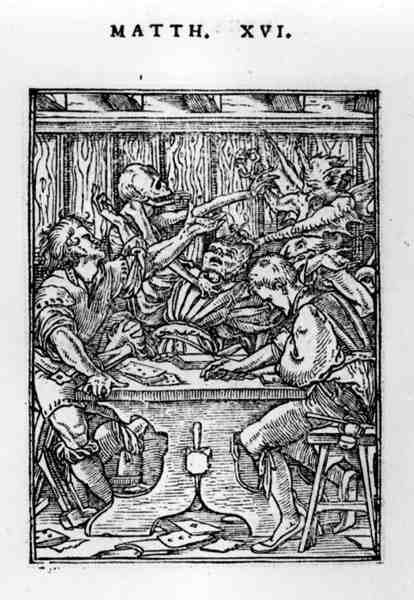 The Gamessters, ze série Tanec smrti, vyryl Hans Lutzelburger (fl.1505-26) c.1526-28 od Hans after Holbein the Younger