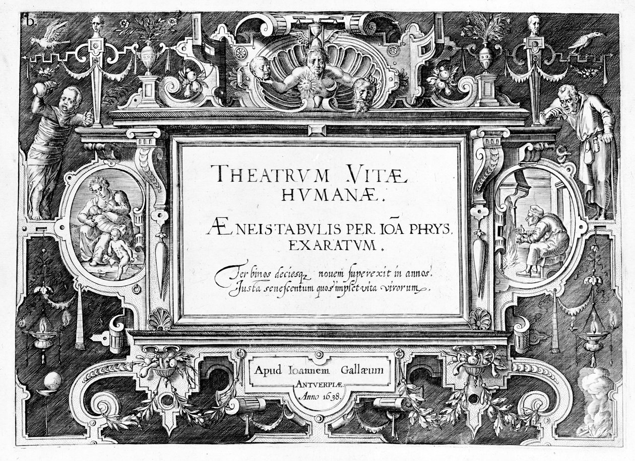 Titulní list pro „Theatrum Vitae Humanae“, vyrytý Johannesem Wierixem (1549-c.1618), přetištěný v roce 1638 od Hans or Jan Vredeman de Vries