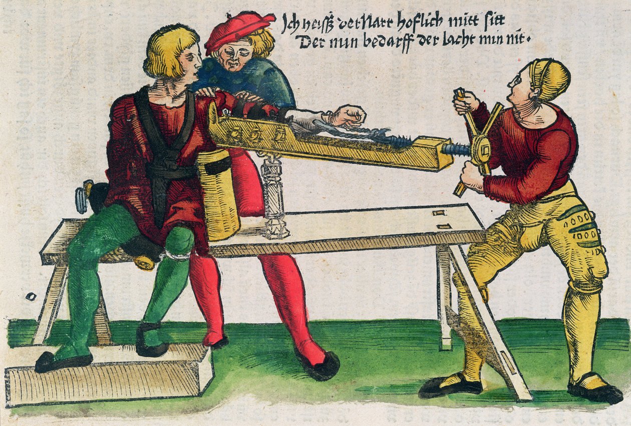 Přístroj na hojení zlomenin paže, ilustrace z „Feldtbuch der Wundartzney“ od Hanse von Gersdorffa, kolem roku 1540 (barevný dřevoryt) od Hans or Johannes Ulrich Wechtlin