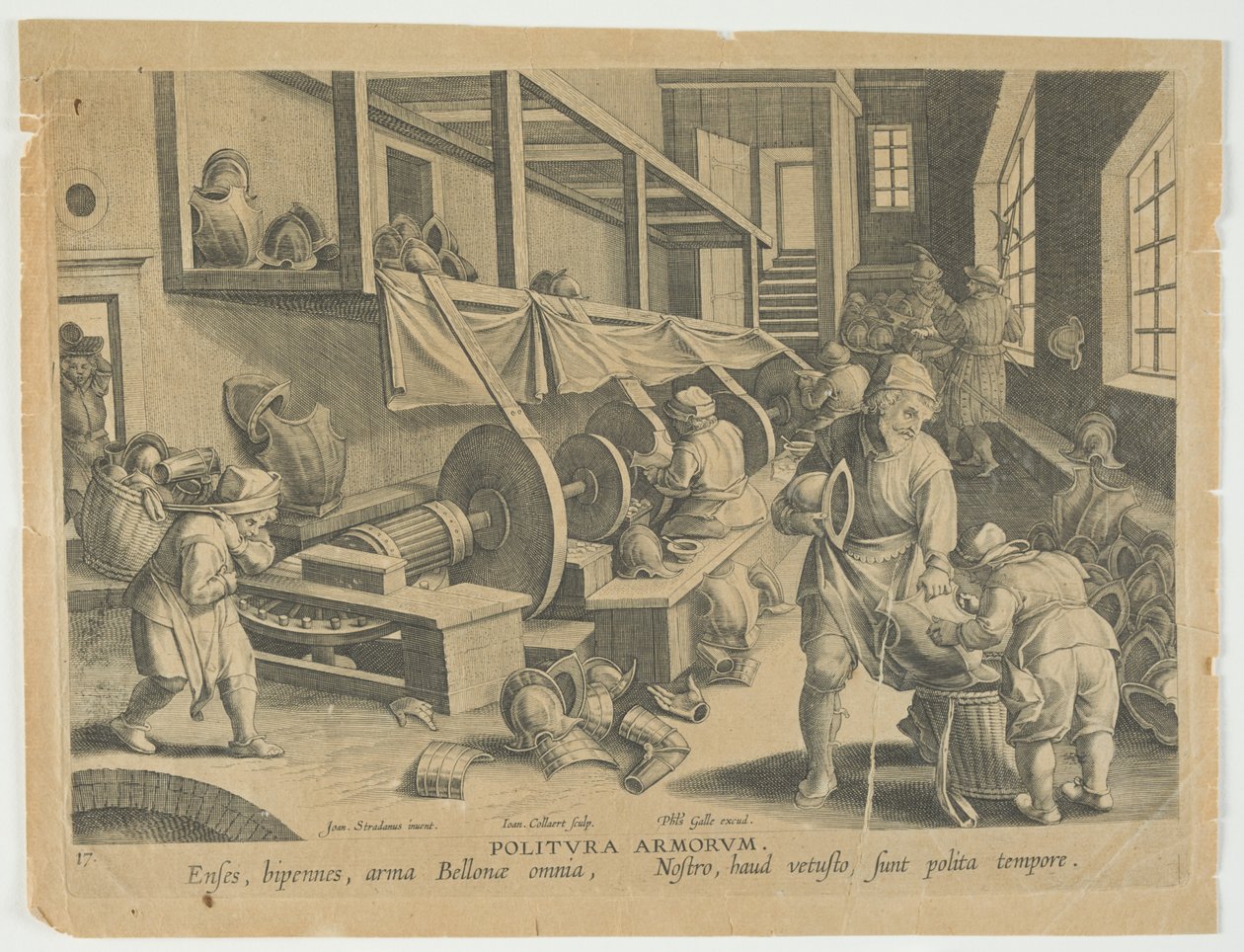 Politura Armorum, Polishing Arms, deska 17 ze série Nova Reperta, Modern Discoveries, c.1588 (rytina) od Hans the younger Collaert