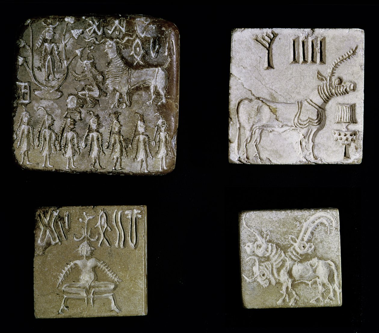 Čtyři pečeti zobrazující mytologická zvířata, z Mohenjo-Daro, údolí Indus, Pákistán, 3000-1500 př.nl od Harappan