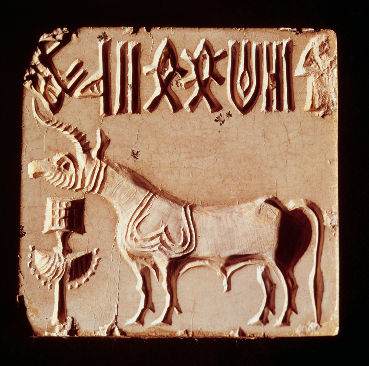 Pečeť znázorňující mytologické zvíře a piktografické symboly z Mohendžodára, údolí Indus, Pákistán, 3000–1500 př.n.l. od Harappan