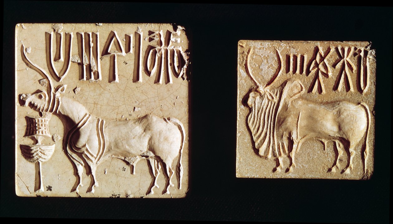 Dvě pečeti zobrazující mytologická zvířata, z Mohenjo-Daro, cca 2300 př.nl od Harappan