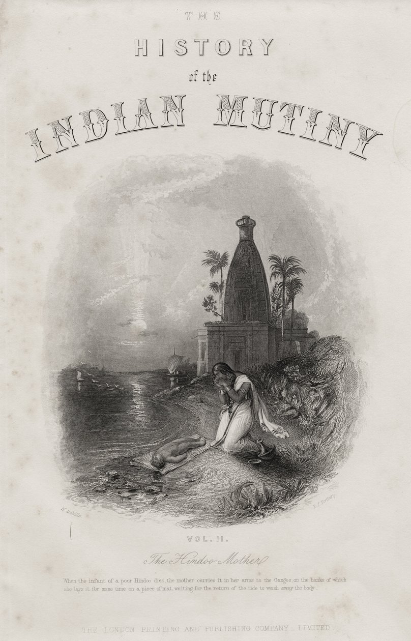 Hindská matka, rytina E. J. Portburyho, titulní strana z knihy "The History of the Indian Mutiny", vydané v roce 1858. od Harden Sidney Melville