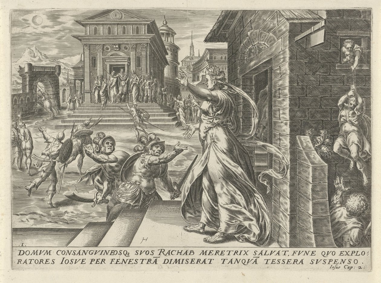 Rahab nechá špiony uniknout oknem The History of Joshua (název série) od Harmen Jansz Muller