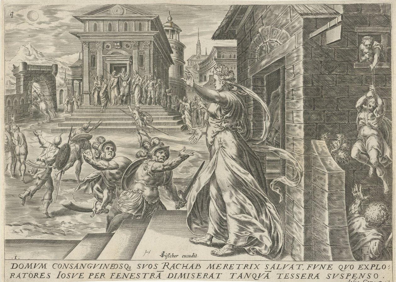 Rahab nechá špiony uniknout oknem The History of Joshua (název série) od Harmen Jansz Muller