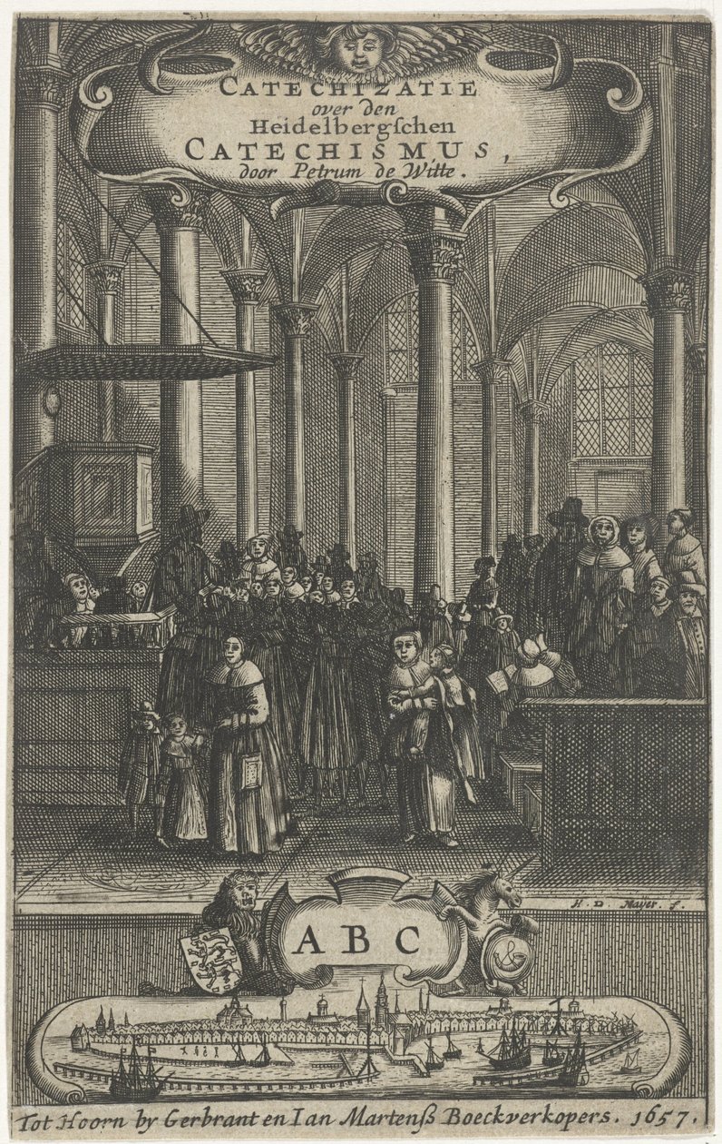Interiér kostela Titulní strana pro: P. de Witte, Katechizace o katechismu Heidelbergschen, 1657 od Harmen de Mayer