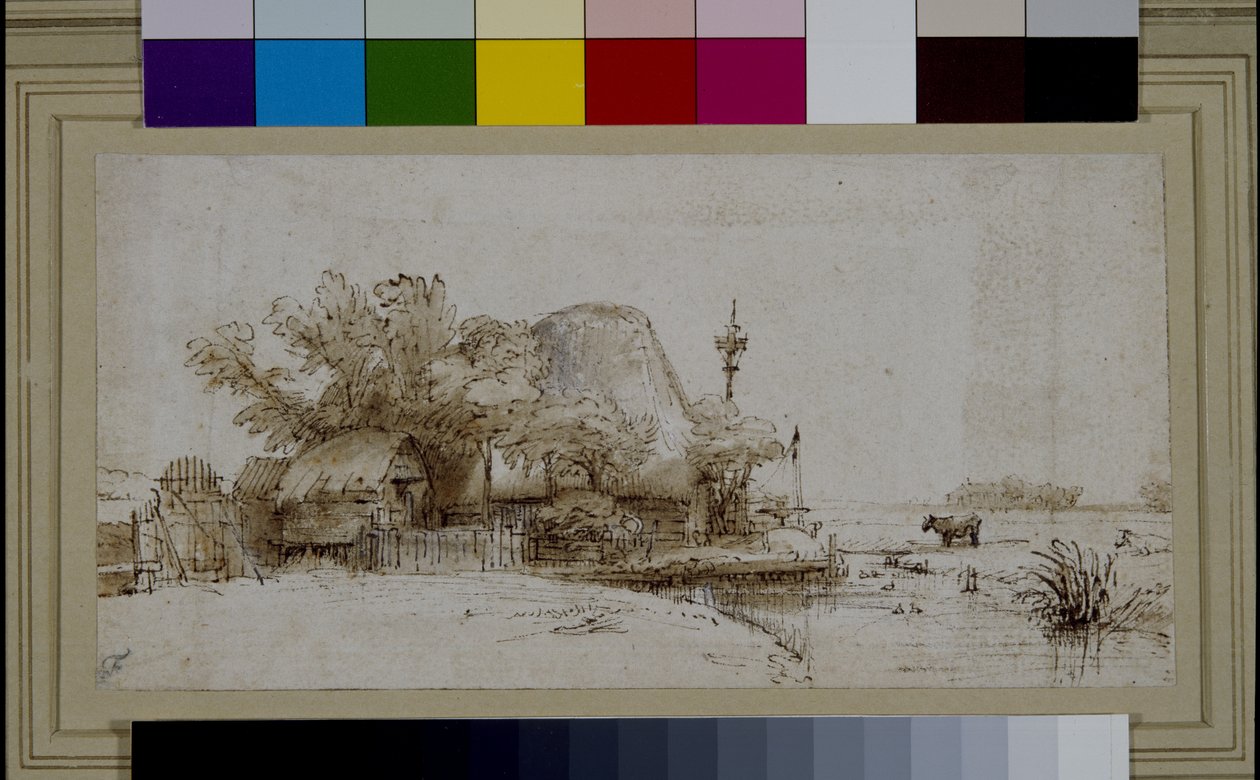 Krajina se statkem u řeky (pero a inkoust na papíře) od Harmensz Van Rijn (after) Rembrandt