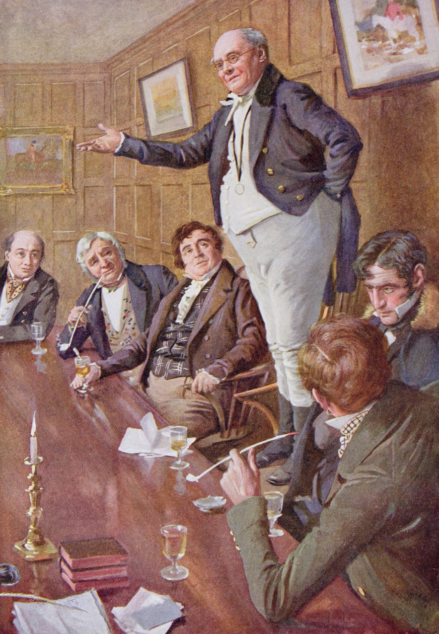 Mr Pickwick Addresses the Club, ilustrace k „Náčrtům postav od Dickense“, kterou sestavil B.W. Matz, 1924 od Harold Copping