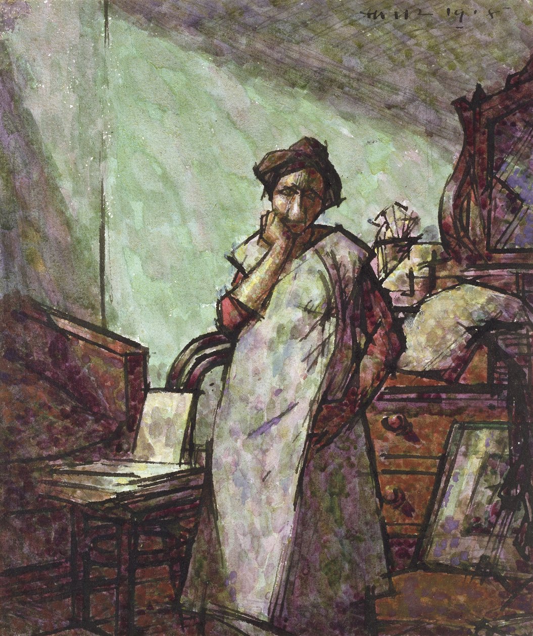 Interiér s paní Mounterovou v overalu, 1. prosince 1918 (pero a černý inkoust a akvarel) od Harold Gilman