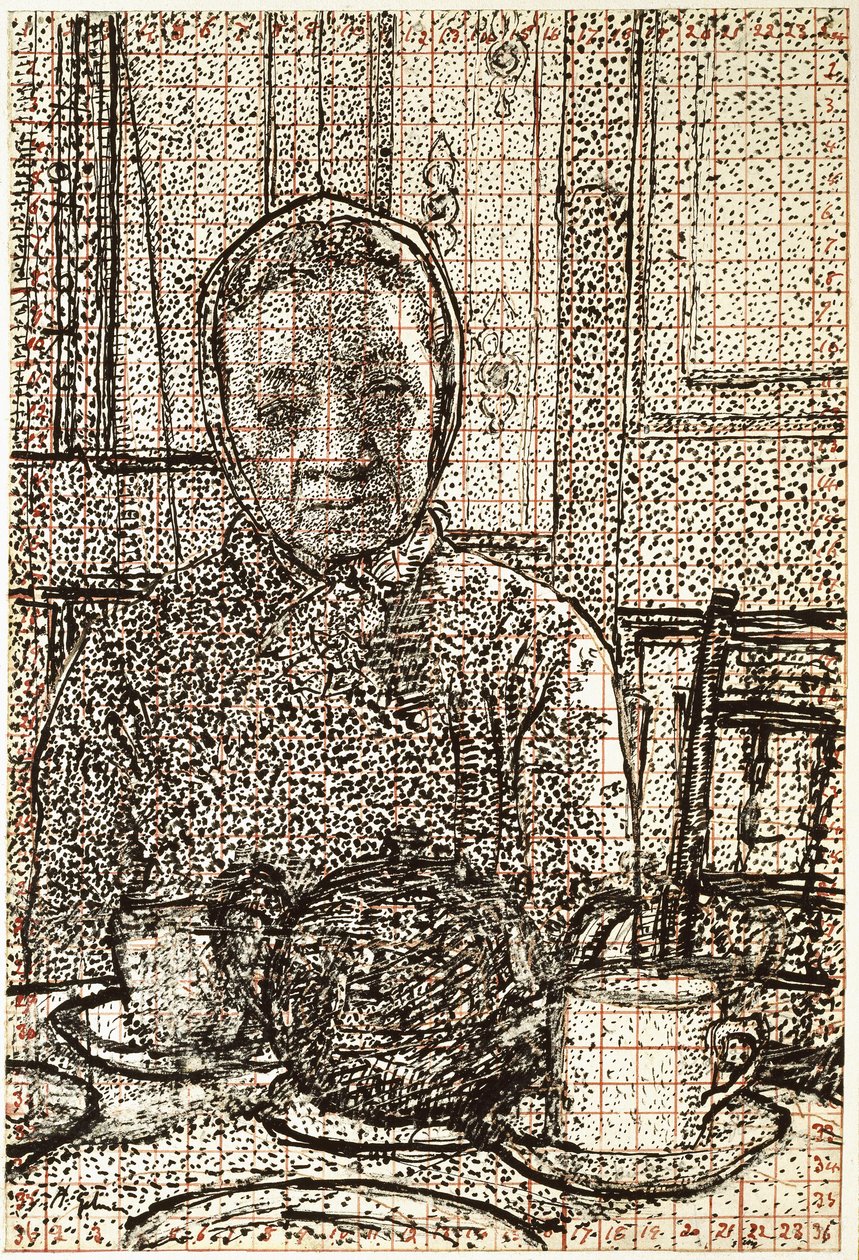 Paní Mounterová u snídaňového stolu, 1916 - 1917 (pero a černý inkoust, částečně poškrábaný, čtverečkovaný červeným inkoustem) od Harold Gilman