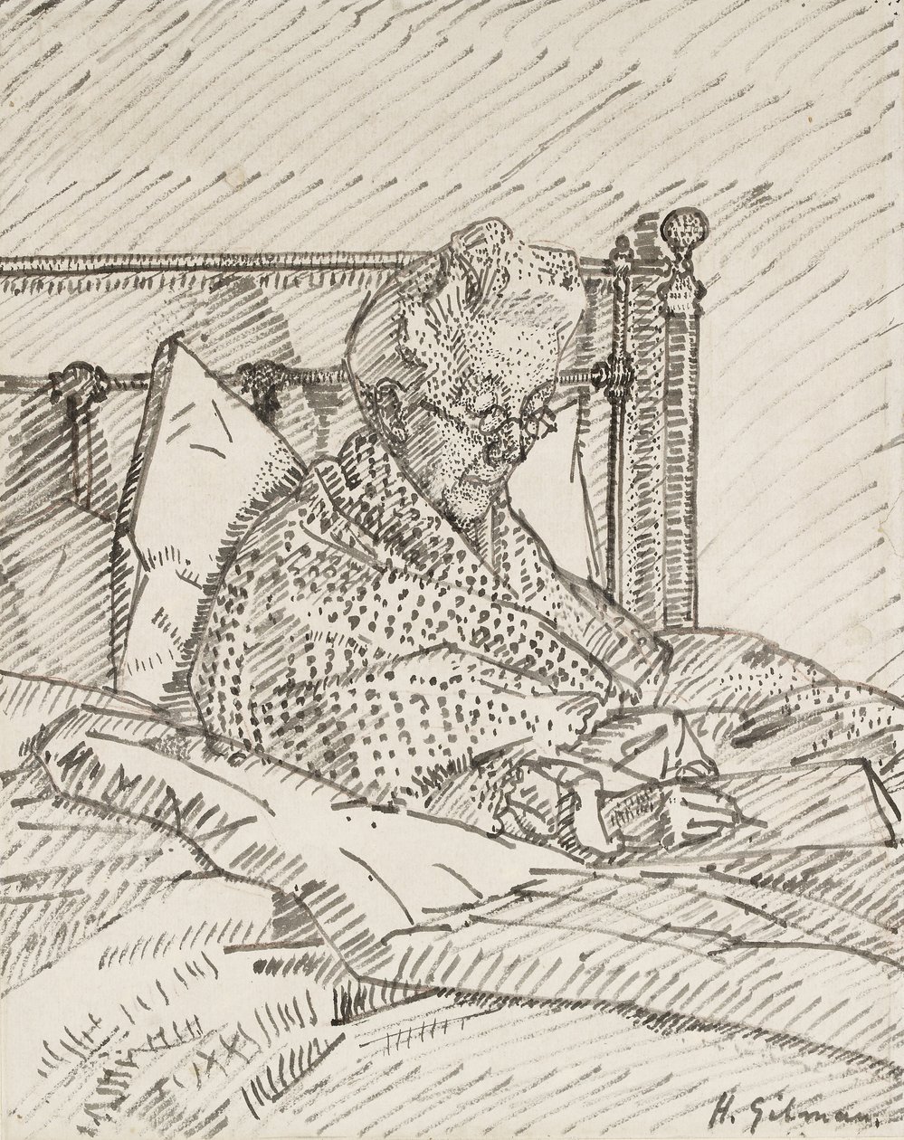 Portrét umělcovy matky píšící v posteli (rákosové pero a šedý inkoust přes náznaky červenou křídou) od Harold Gilman