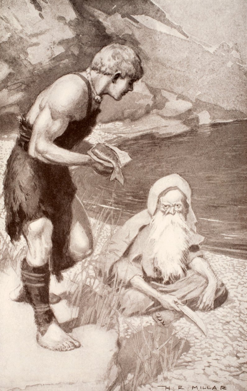 Finn najde lososa poznání, ilustrace z „Keltského mýtu a legendy“ od Charlese Squire, 1905 od Harold Robert Millar