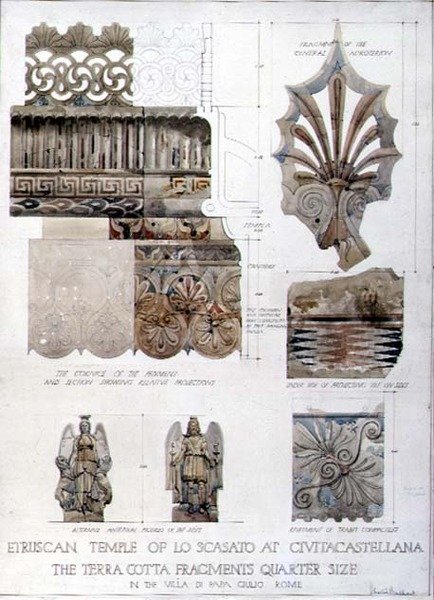 Studie fragmentů z etruského chrámu Lo Scasato v Civitacastellana a z Villa di Papa Giulio v Římě, kolem roku 1910 (pero a inkoust a akvarel na papíře) od Harold Chalton Bradshaw