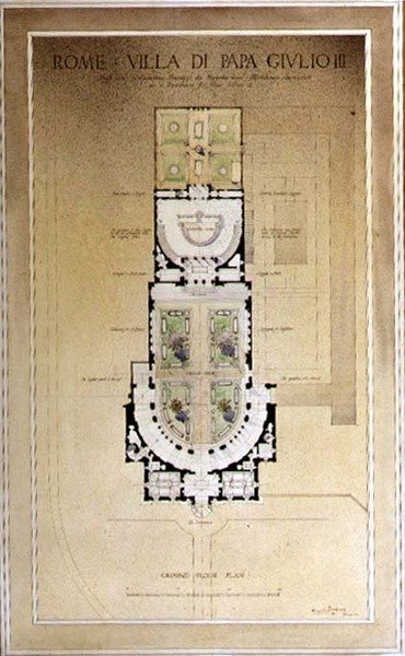 Půdorys přízemí Villa di Papa Giulio v Římě od Harold Chalton Bradshaw
