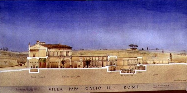 Pohled na kolonádní dvůr a zahradu Villa di Papa Giulio v Římě od Harold Chalton Bradshaw