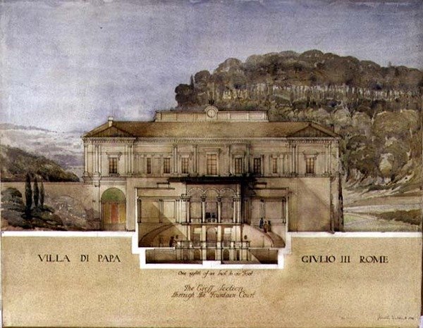 Pohled na příčný řez fontánovým dvorem Villa di Papa Giulio v Římě od Harold Chalton Bradshaw