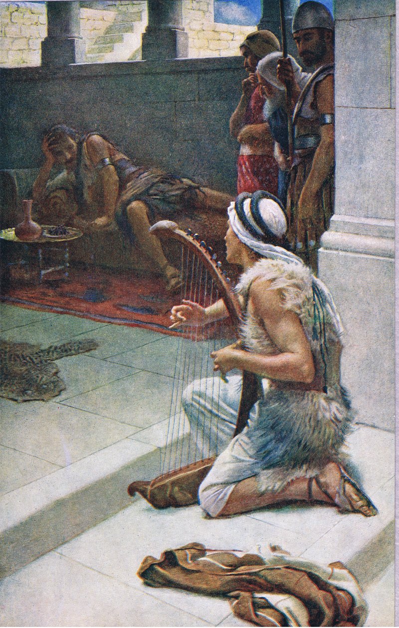 David hraje před Saulem, ilustrace ze série Pictures That Teach The Crown Series, 1920 od Harold Copping