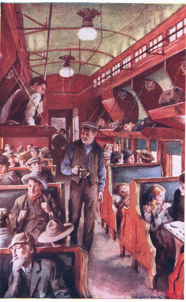 Interiér kanadského emigrantského vlaku kolem roku 1900 (barevná litografie) od Harold Copping