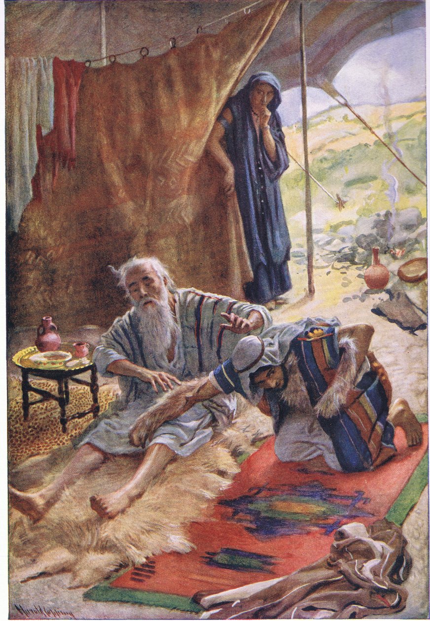 Izák žehná svému synovi Jacobovi, ilustrace ze série Pictures That Teach The Crown Series, 1920 od Harold Copping