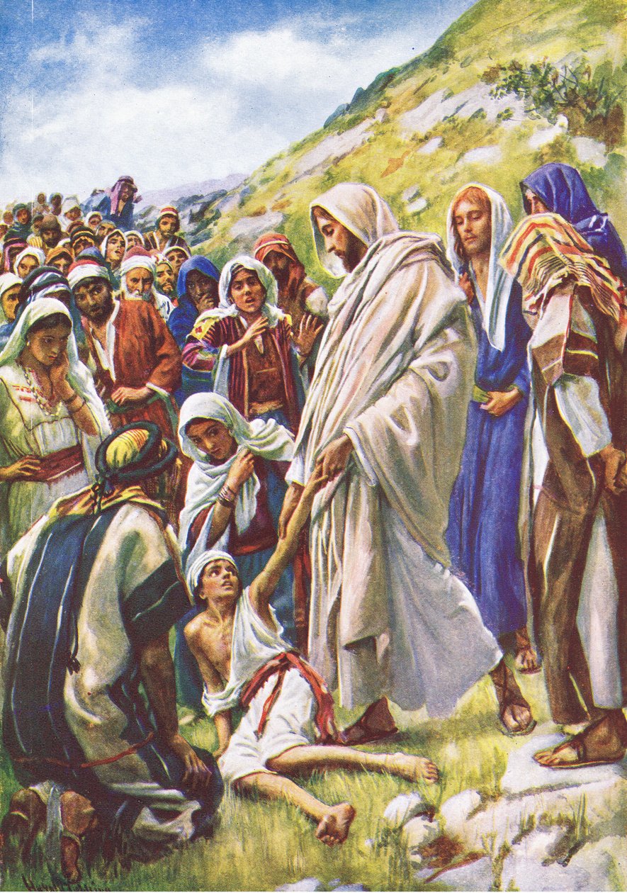 Ježíš uzdravuje malého chlapce, ilustrace z Harold Copping Pictures: The Crown Series, cca 20. léta od Harold Copping