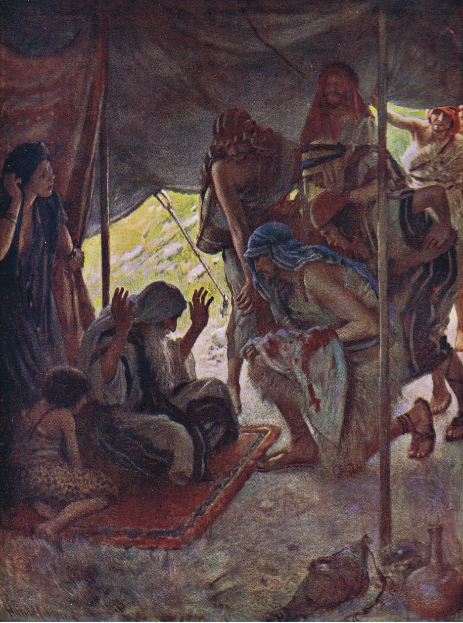 Josephův kabát přinesený Jacobovi, ilustrace ze série Pictures That Teach The Crown Series, 1920 od Harold Copping