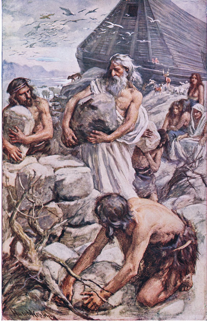Noe staví svůj oltář, ilustrace ze série Pictures That Teach The Crown Series, 1920 od Harold Copping