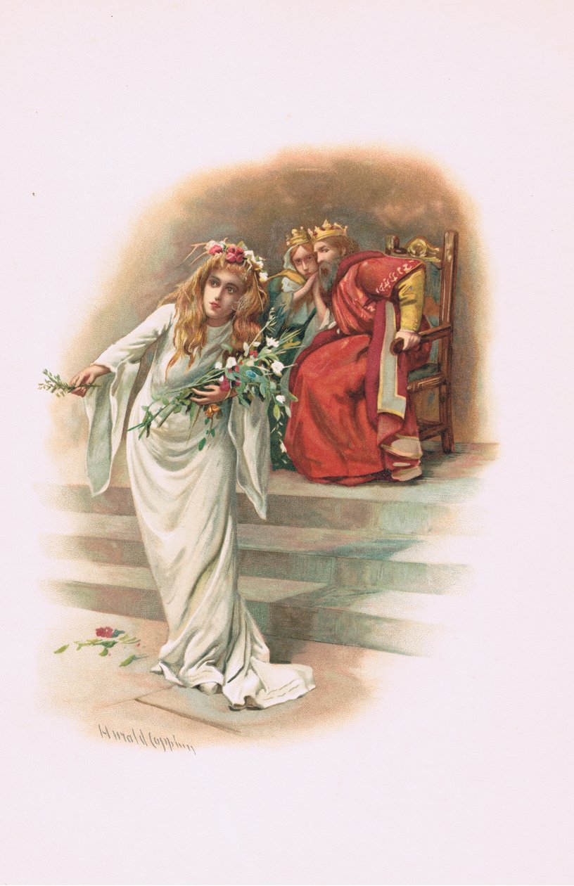 Ofélie s králem a královnou, ilustrace z Hamleta od Harold Copping