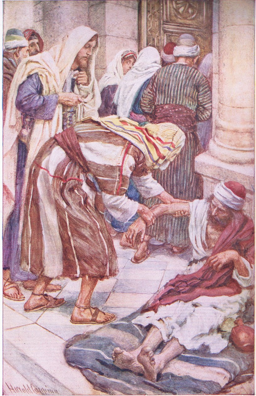Peter a Jacob u krásné brány, ilustrace ze série Pictures That Teach The Crown Series, 1920 od Harold Copping