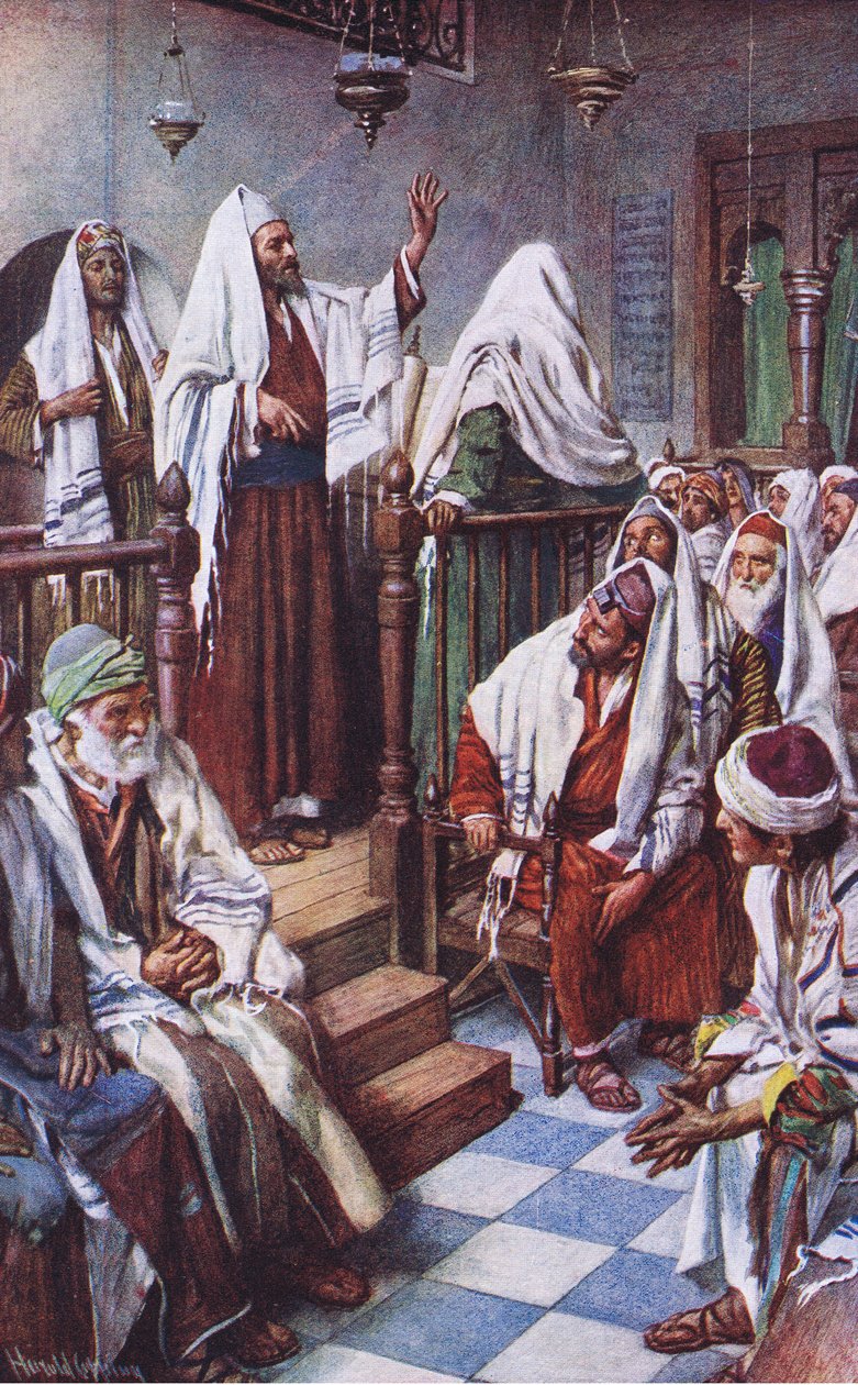 Svatý Pavel káže v synagoze v Antiochii, ilustrace z Harold Copping Pictures: The Crown Series, kolem 20. let 20. století od Harold Copping