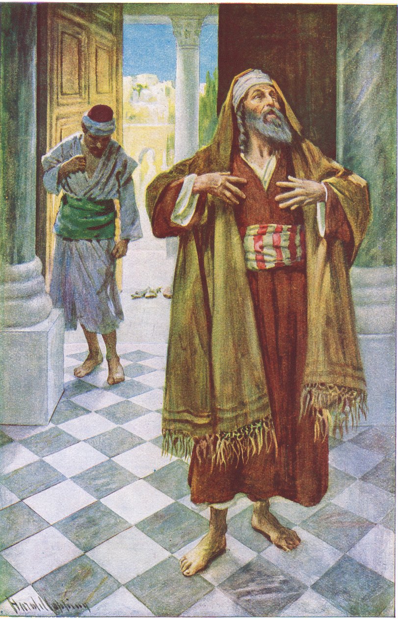 Farizej a hostinský, ilustrace z Harold Copping Pictures: The Crown Series, kolem 20. let 20. století od Harold Copping