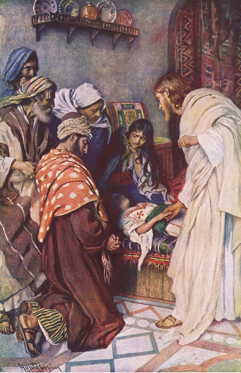 Výchova Jairovy dcery, ilustrace z Harold Copping Pictures: The Crown Series, cca 20. léta od Harold Copping
