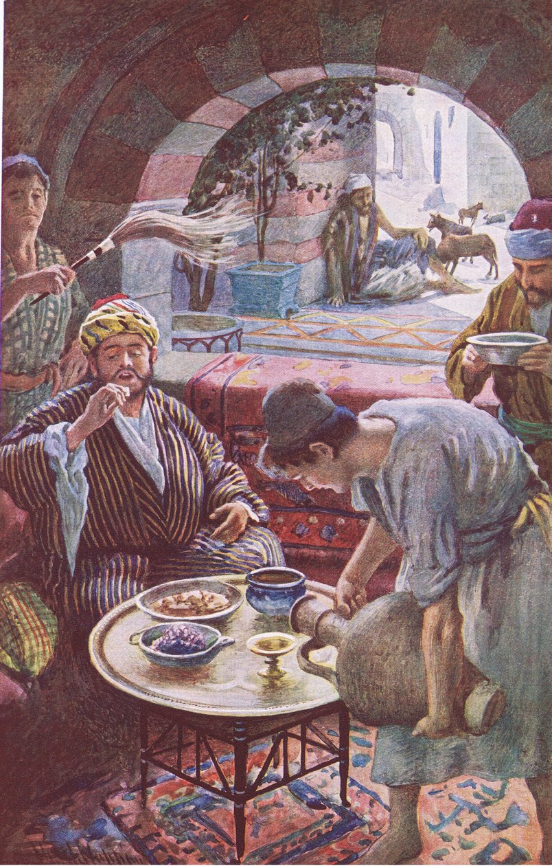 Bohatý muž a Lazarus, ilustrace z Harold Copping Pictures: The Crown Series, kolem 20. let 20. století od Harold Copping