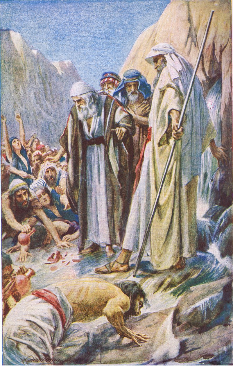 The smiting of the rock, ilustrace z Pictures That Teach The Crown Series, 1920 od Harold Copping