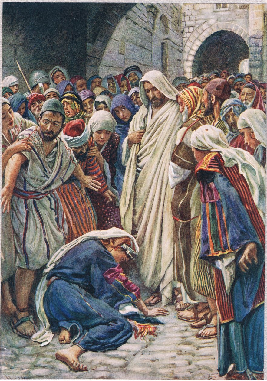 Žena, která se dotkla lemu jeho oděvu, ilustrace z „Women of the Bible“, vydaného společností The Religious Tract Society od Harold Copping