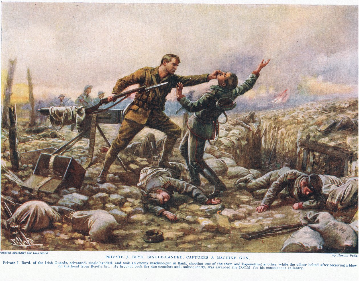 Vojín J. Boyd, jednou rukou, zachycuje kulomet, ilustrace z 