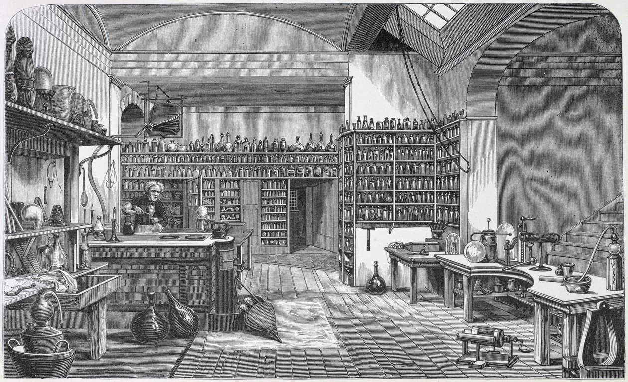 Michael Faraday (1791-1867) ve své laboratoři v suterénu, z knihy Henryho Bence Jonese „The Life and Letters of Faraday“, publikované 1870, 1869 od Harriet Jane Moore