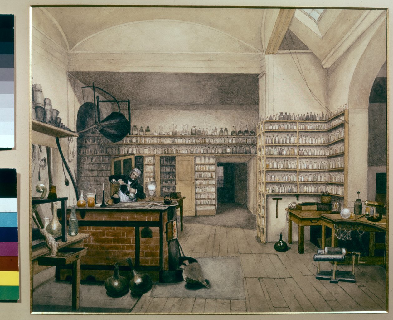 Michael Faraday při práci ve své laboratoři v Královském institutu od Harriet Jane Moore