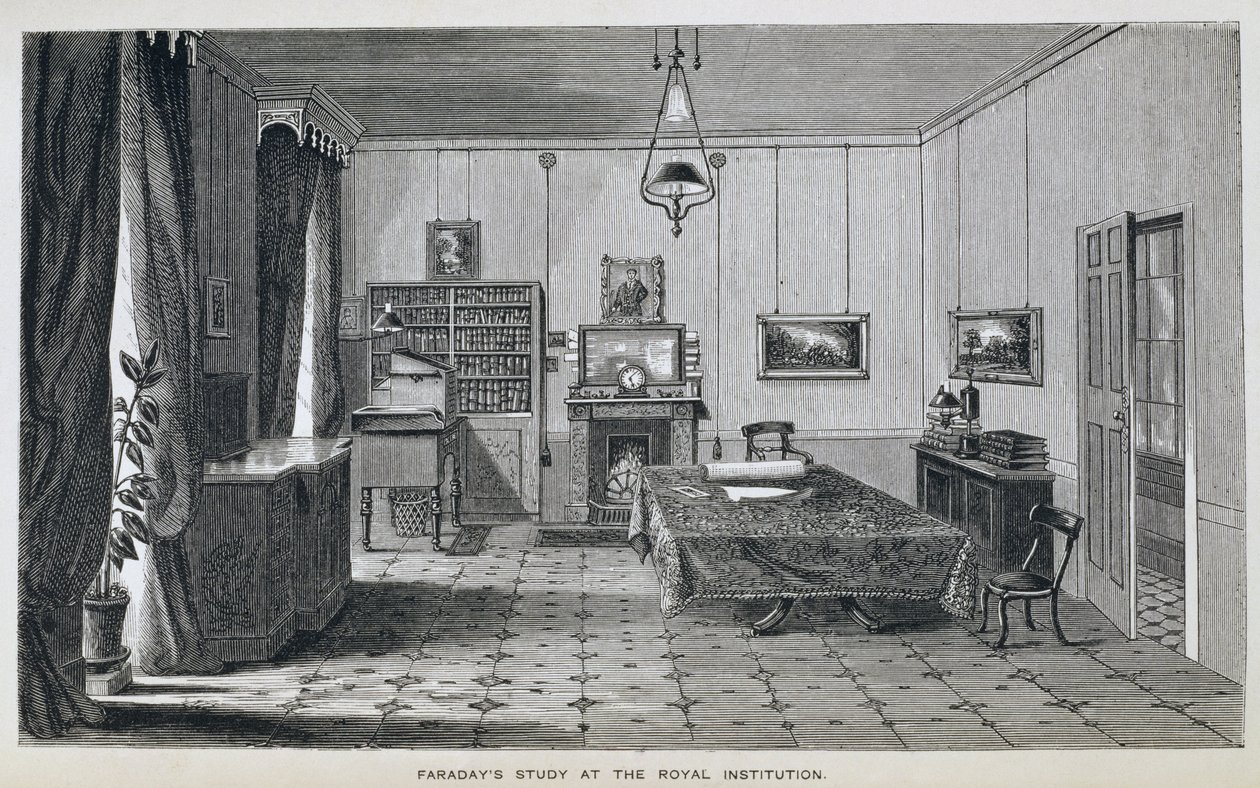 Studie Michaela Faradaye ve druhém patře v The Royal Institution, z knihy Henryho Bence Jonese „The Life and Letters of Faraday“, publikované 1870, 1869 (viz 137594) od Harriet Jane Moore