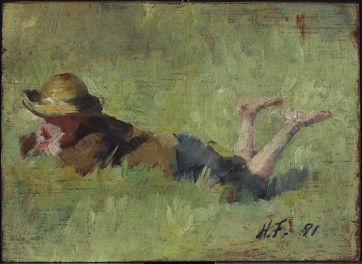 Chlapec ležící v trávě, 1890 (olej na dřevěné desce) od Harriet Mary Ford