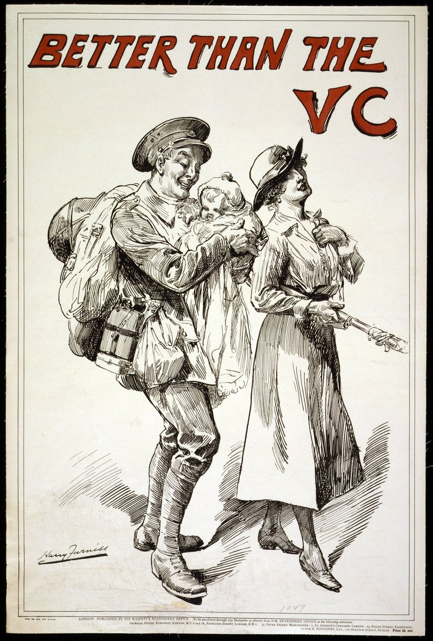 Lepší než VC. (tj. Viktoriin kříž) - plakát zobrazující vojáka, který drží dítě a následuje svou ženu.1918 od Harry Furniss