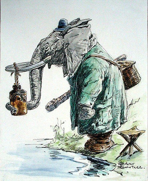 Slon jde na ryby (pero, inkoust, akvarel a dřevěné uhlí na papíře) od Harry Rountree