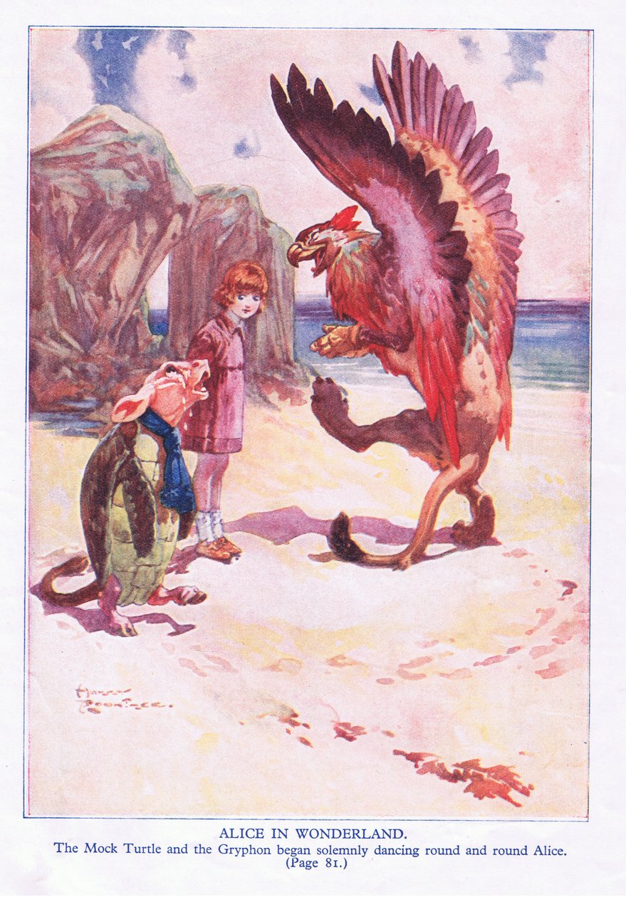 Falešná želva a Gryphon začali slavnostně čelit kolem dokola Alice (barva litho) od Harry Rountree