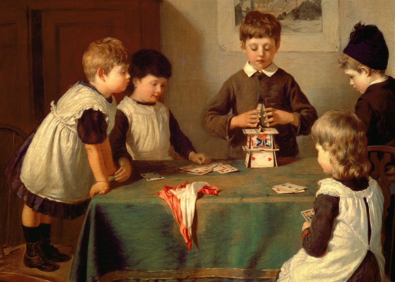 Kritický okamžik, detail dětí, které staví domeček z karet od Harry Brooker