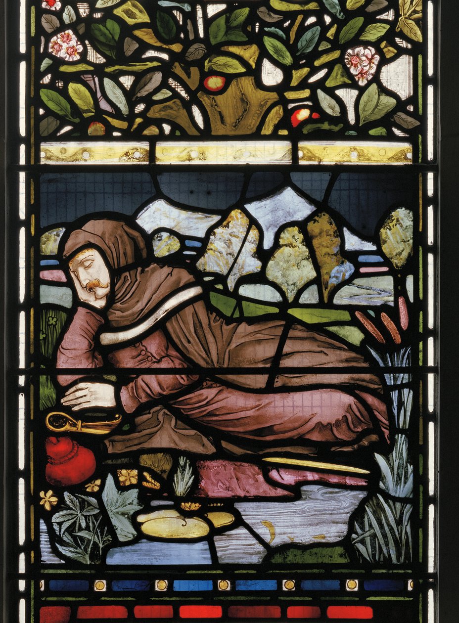 Básník Langland Spí, Piers Ploughman, 1873 (vitráže) od Harry Burrow