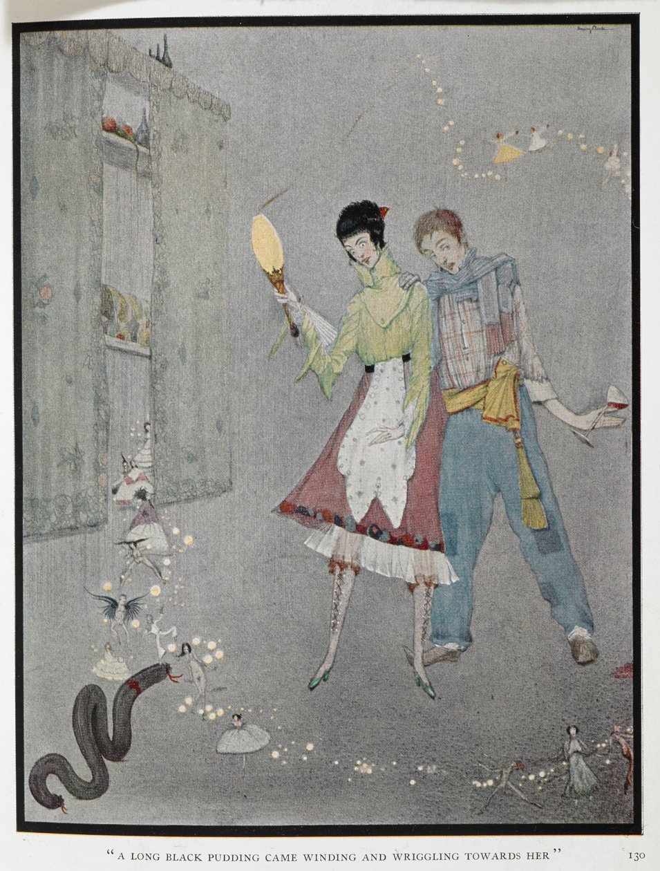"Dlouhý černý pudink se vinul a svíjel se k ní." Ilustrace k příběhu, ‚směšná přání‘. Harry, dřevorubec, a jeho žena Fanny si právě omylem přáli. od Harry Clarke