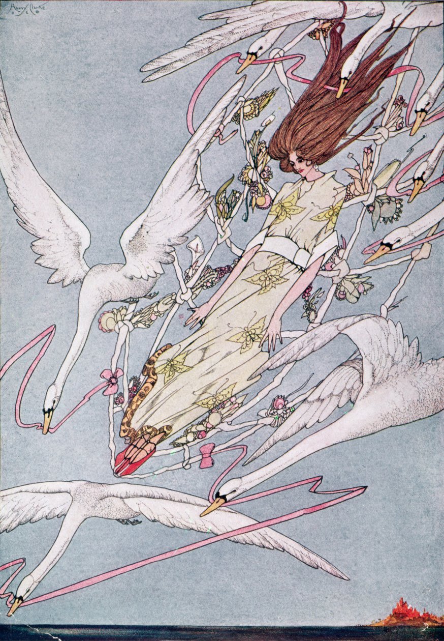 „A celý den letěli dál“, ilustrace z Divokých labutí od Hanse Christiana Andersena od Harry Clarke