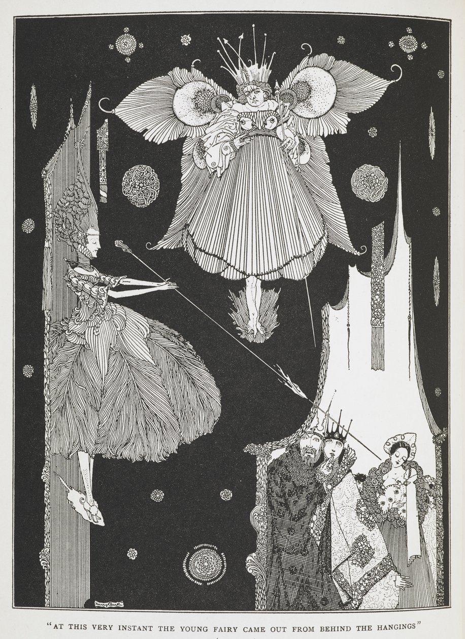 "Tässä hetkessä nuori keiju tuli ulos hirttien takaa." Kuvitus tarinalle "Puun nukkuva kaunotar". od Harry Clarke